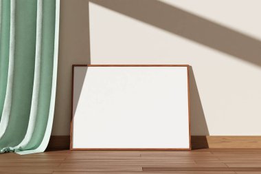 Minimalist ve temiz yatay ahşap poster ya da oda duvarına yaslanmış ahşap zeminde fotoğraf çerçevesi modeli. 3B Hazırlama.