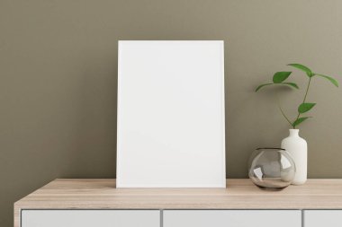 Minimalist and clean vertical white poster or photo frame mockup on the wooden table in living room with vase and plant. 3D Rendering.