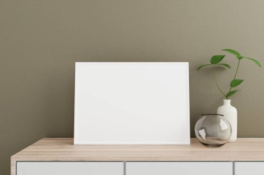 Minimalist ve temiz yatay beyaz poster ya da oturma odasındaki vazo ve bitkilerle ahşap masada fotoğraf çerçevesi modeli. 3B Hazırlama.