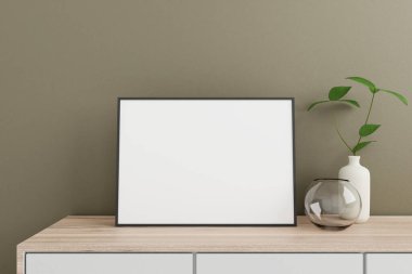 Minimalist and clean horizontal black poster or photo frame mockup on the wooden table in living room with vase and plant. 3D Rendering.