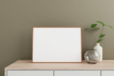 Minimalist ve temiz yatay ahşap poster ya da oturma odasındaki vazo ve bitkilerle ahşap masa üzerinde fotoğraf çerçevesi modeli. 3B Hazırlama.