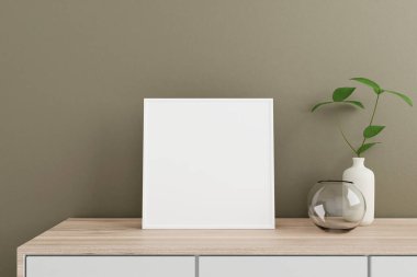 Minimalist and clean square white poster or photo frame mockup on the wooden table in living room with vase and plant. 3D Rendering.