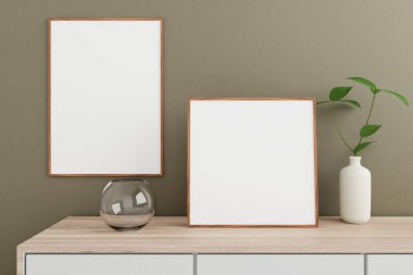 Minimalist and clean wooden poster or photo frame mockup on the wooden table in living room with vase and plant. 3D Rendering.