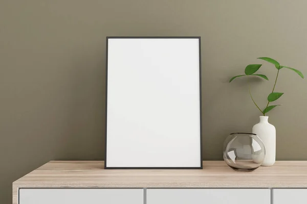 Minimalist and clean vertical black poster or photo frame mockup on the wooden table in living room with vase and plant. 3D Rendering.