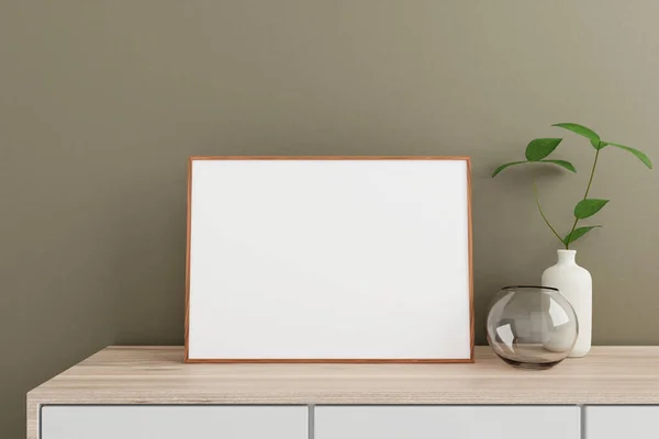 Minimalist and clean horizontal wooden poster or photo frame mockup on the wooden table in living room with vase and plant. 3D Rendering.