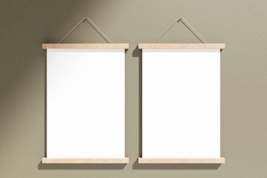 Çift minimalist, kare ışıklı ahşap poster tuvali ya da oturma odasında fotoğraf çerçevesi modeli. 3B görüntüleme.