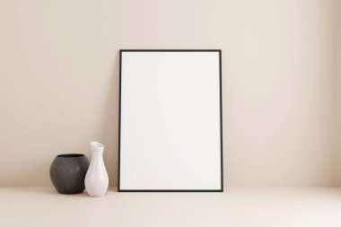 Minimalist dikey siyah poster ya da odanın duvarına yaslanmış fotoğraf çerçevesi modeli. 3B Hazırlama.