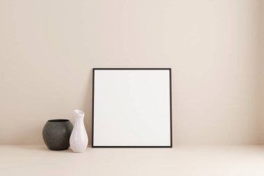 Minimalist kare siyah poster ya da odanın duvarına yaslanmış fotoğraf çerçevesi modeli. 3B Hazırlama.