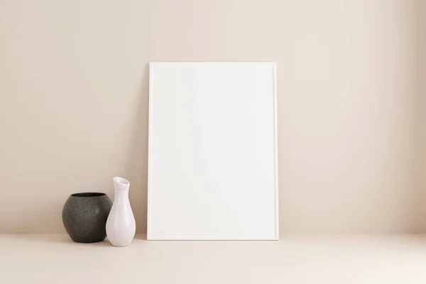Minimalist Vertical White Poster Photo Frame Mockup Floor Leaning Room — 스톡 사진