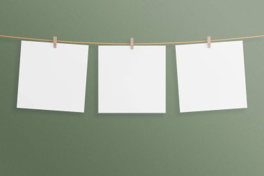 Üçlü minimalist asılı kare tuval posteri ya da oturma odasının duvarında fotoğraf çerçevesi modeli. 3B Hazırlama.