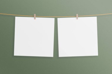 İkiz minimalist asılı kare tuval posteri ya da oturma odasının duvarında fotoğraf çerçevesi modeli. 3B Hazırlama.