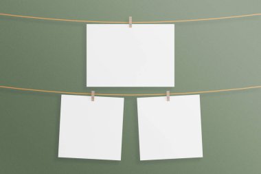 Üçlü minimalist asılı tuval posteri ya da oturma odasının duvarında fotoğraf çerçevesi modeli. 3B Hazırlama.