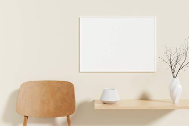 Minimalist and clean horizontal white poster or photo frame mockup on the wooden table in room. 3D Rendering.