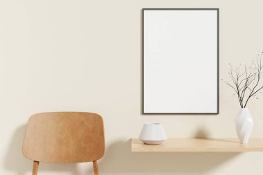 Minimalist and clean vertical black poster or photo frame mockup on the wooden table in living room. 3D Rendering.