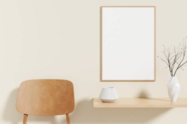 Minimalist and clean vertical wooden poster or photo frame mockup on the wooden table in living room. 3D Rendering.