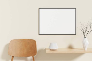 Minimalist and clean horizontal black poster or photo frame mockup on the wooden table in room. 3D Rendering.