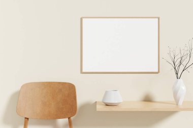 Minimalist and clean horizontal wooden poster or photo frame mockup on the wooden table in room. 3D Rendering.