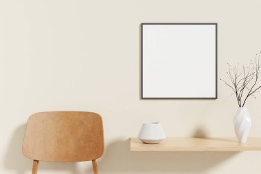 Minimalist ve temiz kare siyah poster ya da oturma odasındaki ahşap masada fotoğraf çerçevesi modeli. 3B Hazırlama.