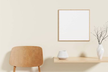 Minimalist and clean square wooden poster or photo frame mockup on the wooden table in living room. 3D Rendering.