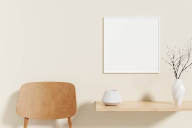 Minimalist and clean square white poster or photo frame mockup on the wooden table in living room. 3D Rendering.