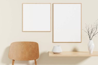 Minimalist and clean wooden poster or photo frame mockup on the wooden table in living room. 3D Rendering.