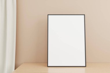 Minimalist ve temiz dikey siyah poster ya da oturma odasındaki ahşap masada fotoğraf çerçevesi modeli. 3B Hazırlama.