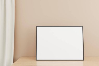 Minimalist ve temiz yatay siyah poster ya da odadaki ahşap masada fotoğraf çerçevesi modeli. 3B Hazırlama.