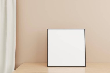 Minimalist ve temiz kare siyah poster ya da oturma odasındaki ahşap masada fotoğraf çerçevesi modeli. 3B Hazırlama.