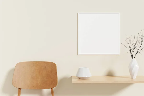 Minimalist and clean square white poster or photo frame mockup on the wooden table in living room. 3D Rendering.