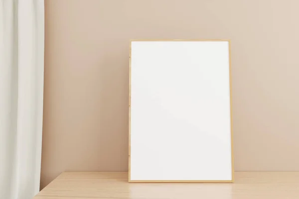 Minimalist Clean Vertical Wooden Poster Photo Frame Mockup Wooden Table — Stock Photo, Image