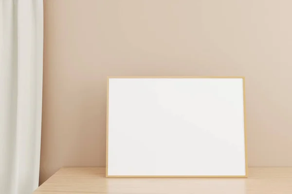 Minimalist Clean Horizontal Wooden Poster Photo Frame Mockup Wooden Table — 스톡 사진