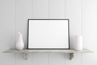 Minimalist ve temiz yatay siyah poster ya da odadaki mermer masada fotoğraf çerçevesi modeli. 3B Hazırlama.