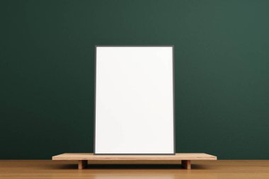 Minimalist ve temiz dikey siyah poster ya da oturma odasındaki ahşap masada fotoğraf çerçevesi modeli. 3B Hazırlama.