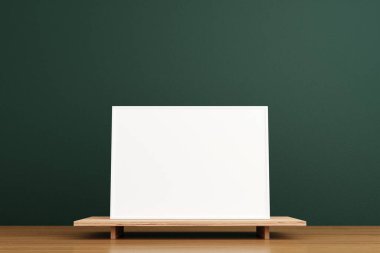 Minimalist ve temiz yatay beyaz poster ya da oturma odasındaki ahşap masada fotoğraf çerçevesi modeli. 3B Hazırlama.