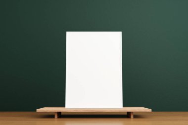 Minimalist ve temiz dikey beyaz poster ya da oturma odasındaki ahşap masada fotoğraf çerçevesi modeli. 3B Hazırlama.