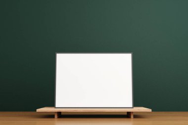 Minimalist ve temiz yatay siyah poster ya da oturma odasındaki ahşap masada fotoğraf çerçevesi modeli. 3B Hazırlama.