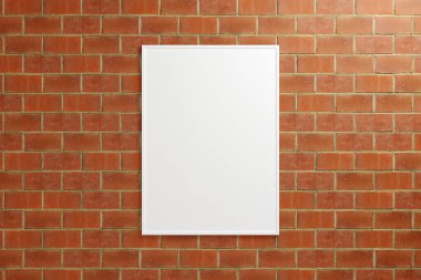 Dikey beyaz poster asan minimalist mi yoksa tuğla duvarda fotoğraf çerçevesi modeli mi? 3B Hazırlama.