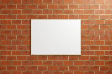 Minimalist yatay ahşap poster ya da tuğla duvarda fotoğraf çerçevesi modeli. 3B Hazırlama.