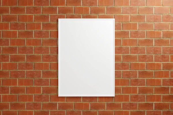Dikey beyaz poster asan minimalist mi yoksa tuğla duvarda fotoğraf çerçevesi modeli mi? 3B Hazırlama.
