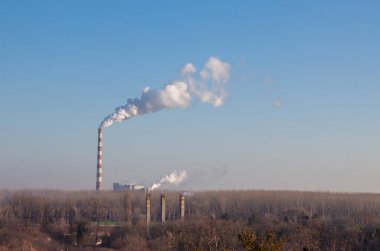 Mavi gökyüzüne karşı yüksek bir bacadan duman çıkıyor. Fabrikadan baca dumanı ya da şehre ısı sağlayan bir ısıtma tesisi..