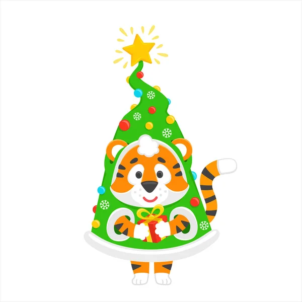 Tiger Christmas Tree Dengan Karakter Vektor Hadiah - Stok Vektor