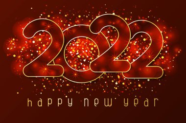 Kağıttan ve konfetiden sayılar kesilen 2022 yılbaşı posteri kutlu olsun. Kış tatili tebrikleri ya da davetiyeler. Kırmızı arkaplanda vektör illüstrasyonu.