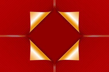 Kırmızı kağıt katmanlı ve kıvrımlı altın köşeli soyut 3D arka plan. Paketleme, reklam ve tebrikler için zarif bir tasarım. Kısa mesaj için lüks çerçeve.