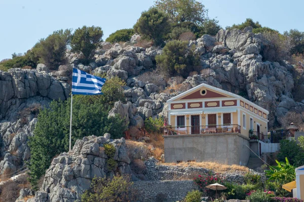 View Beautiful Bay Colorful Houses Hillside Island Symi Greece — Stock Photo, Image