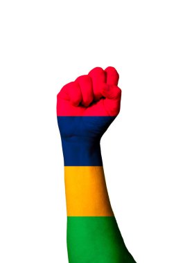 Flag of Mauritius painted on human fist. Strength, power, concept of conflict. Raised fist.