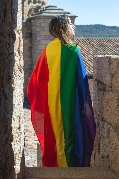 Portrait Attractive Woman Holding Rainbow Flag Her Shoulders Looking Side — Photo