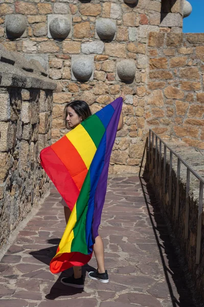 Portrait Attractive Woman Holding Rainbow Flag Her Shoulders Looking Side — Photo