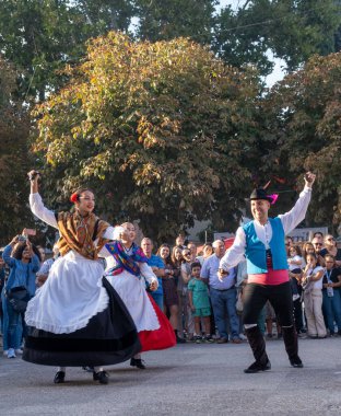 Alcala de Henares, İspanya - 09 Ekim 2022. Alcala de Henares Ortaçağ Pazarı (Cervantino Pazarı), İspanya ve Avrupa 'nın en büyük pazarıdır..
