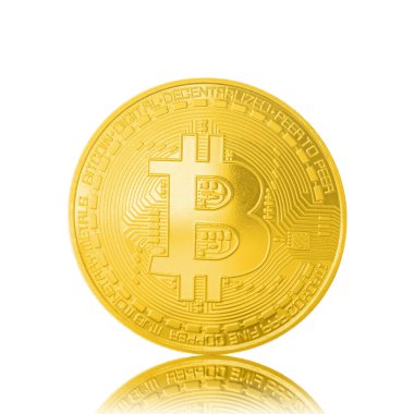 Bitcoin. Sembol, dijital para birimi bilgisayar ağının denetimi altında. Altın bitcoin beyaz arkaplan izole edildi. 