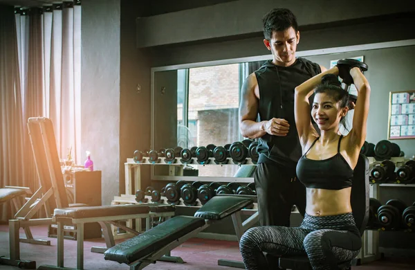 Asian People Sport Girl Doing Weight Exercises Working Heavy Dumbbells — Stock Photo, Image